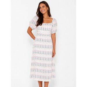 Loft Outlet Womens White Polka Dot Puff Sleeve Square Neck Midi Dress Size 10